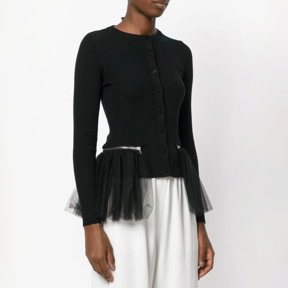 Moschino Couture Black Cardigan Sweater Jacket with Detachable Mesh Ruffled Hem